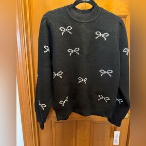 NWT Nanette Lepore Black Sweater with Silver Bow Accents